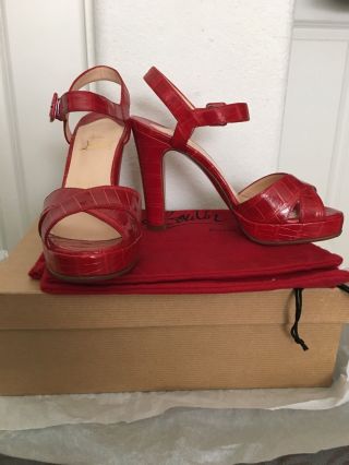 Christian Louboutin Crocodile Shoes Sandal Heels Red Very Rare Sz 37.  5