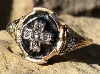 Antique Georgian Rose Diamond Cross Black Enamel Yellow Gold Band Mourning Ring