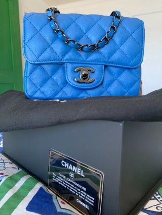 Chanel Rare Crumpled Calfskin Mini Blue Black Hardware Box Dust Bag Card Euc Tpf