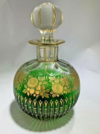 Antique Moser Czech Bohemian Cut Crystal Gold Gilt Green Glass Perfume Bottle