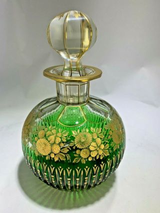 Antique Moser Czech Bohemian Cut Crystal Gold Gilt Green Glass Perfume Bottle 2
