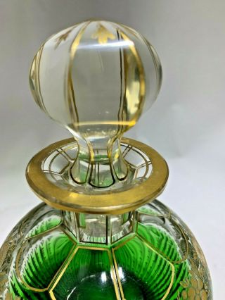 Antique Moser Czech Bohemian Cut Crystal Gold Gilt Green Glass Perfume Bottle 5