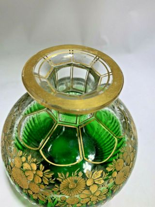 Antique Moser Czech Bohemian Cut Crystal Gold Gilt Green Glass Perfume Bottle 6