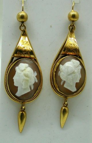 Victorian Gold Pinchbeck & Carved Cameo Large Dropper Earrings