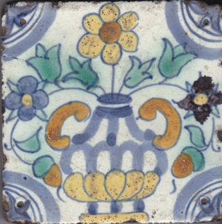 Small Delft Tile 17th - 18th Century (d 92) Vase Of Flowers