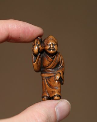 Antique Japanese Carved Boxwood Netsuke Of A Old Women,  Early 19th Century Fine