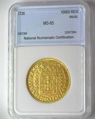 BRAZIL 1726 GOLD 10000 REIS GEM UNCIRCULATED EXTREMELY RARE THIS 2