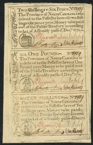 (3) Rare Note Sheet North Carolina Colonial Currency Dec 1771 Wlm1887