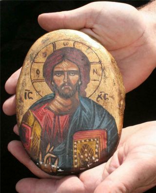 Antique Russian - Greek Orthodox Christian Hand Painted Icon On Stone Very Rare
