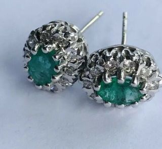 Vintage Stud Earrings 18ct White Gold Natural Emeralds Diamonds
