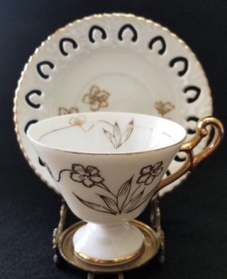 Vintage Footed Raised Gold Design Tea Cup & Saucer Ornate Gold Handle 2