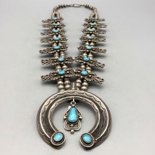 Unique Vintage Turquoise And Sterling Silver Squash Blossom Necklace