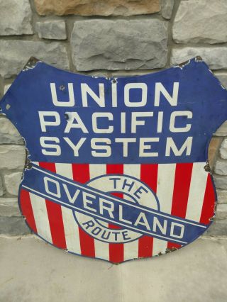 Union Pacific System " The Overland Route " Large Proclain Enamel 42 " Vintage Sign