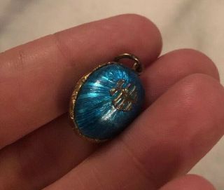 Vintage Antique Russian Blue Enamel Egg Silver? Gold Wash Charm Pendant 5