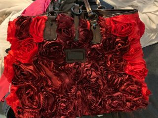 Valentino Authentic Vintage Bag,  Red Silk Floral With Patten Leather Accents C
