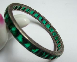 Vintage Art Deco Sterling Bangle Bracelet W/ Emerald Channel Set Rhinestones