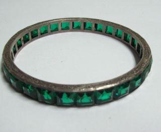 Vintage Art Deco Sterling Bangle Bracelet w/ Emerald Channel Set Rhinestones 2