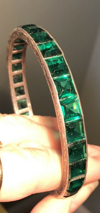 Vintage Art Deco Sterling Bangle Bracelet w/ Emerald Channel Set Rhinestones 3