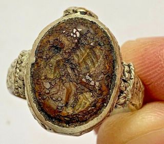 Fantastic Rare Late Medieval Silver Seal Ring Rare Stone 10.  5gr (20 Mm Inner)