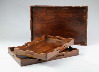 Set Of 3 Fine Antique 19/20thc Chinese Qing Hardwood Rectangular Trays