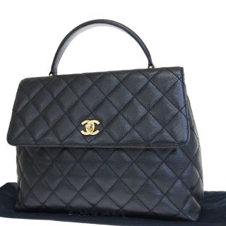 Authentic Chanel Cc Logo Hand Bag Caviar Skin Leather Black Vintage 667es577