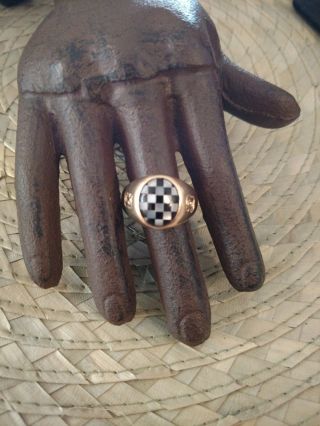 Vintage 10k Gold Nascar Ring Earnhardt No.  3 Checkered Flag Sz 10.  5 Onyx Mop