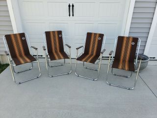 Set Of (4) Vintage Old School Folding Metal Lawn Beach Chairs Made In Italy