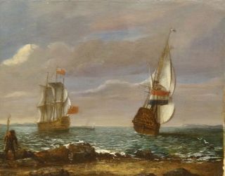 17th Century Dutch Old Master British Navy Ships Marine Oil Antique Painting