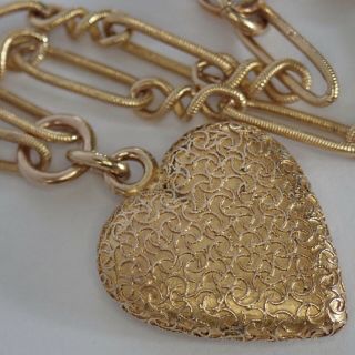 Antique Victorian Edwardian 14k Gold Puffy Heart Charm Bracelet