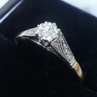 Antique Art Deco 9ct Gold,  Platinum & Diamond Solitaire Engagement Ring,  Size O