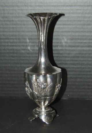 Japanese Sterling Silver Vase - Rare Design With Iris - Circa 1890s
