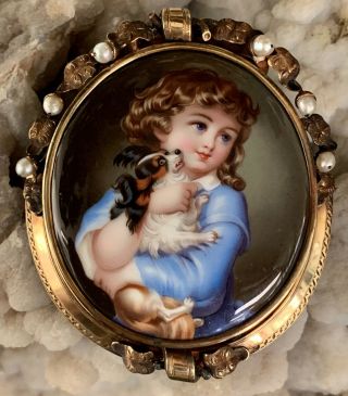 Incredible Large Antique Enamel Cameo Girl W Dog Brooch Pin Gold W Pearls