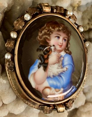 INCREDIBLE large Antique ENAMEL CAMEO Girl w Dog BROOCH Pin GOLD w Pearls 2