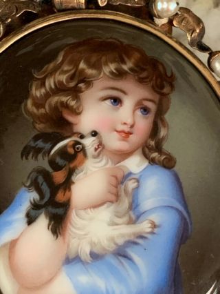 INCREDIBLE large Antique ENAMEL CAMEO Girl w Dog BROOCH Pin GOLD w Pearls 4