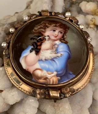 INCREDIBLE large Antique ENAMEL CAMEO Girl w Dog BROOCH Pin GOLD w Pearls 5