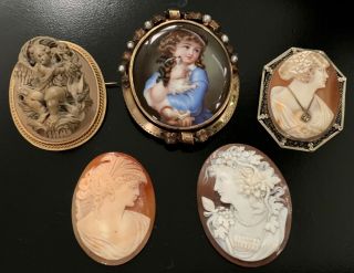 INCREDIBLE large Antique ENAMEL CAMEO Girl w Dog BROOCH Pin GOLD w Pearls 7