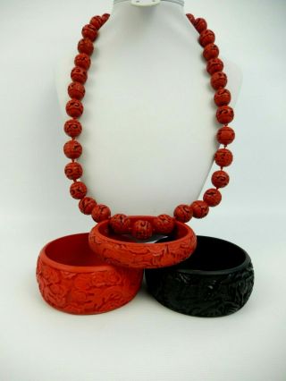 Vintage Chinese Carved Faux Cinnabar Necklace & 3 Bangles Red & Black Wide