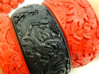 Vintage Chinese Carved Faux Cinnabar Necklace & 3 Bangles Red & Black Wide 6