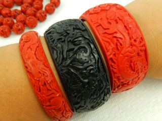 Vintage Chinese Carved Faux Cinnabar Necklace & 3 Bangles Red & Black Wide 7