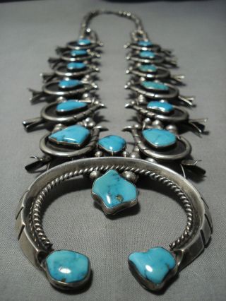 Finest Blue Gem Turquoise Vintage Navajo Sterling Silver Squash Blossom Necklace
