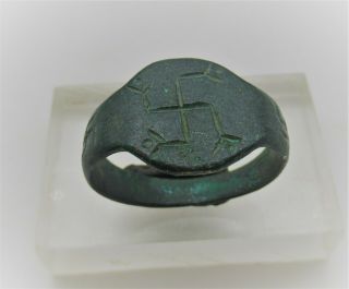 Ancient Roman Bronze Ring Marked With Svvatstikas Very Rare