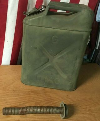 Vtg Jerry Can Ww2 1943 Conco 5 G Qmc Gas Fuel Tank Us Army Green Jeep Usa Nozzle