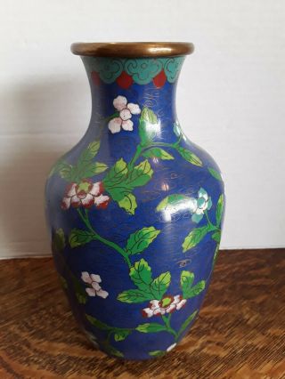 Chinese Vase Jar Urn Cloisonne Flower Blossoms Dark Blue Enamel On Brass 8 - 1/2 "