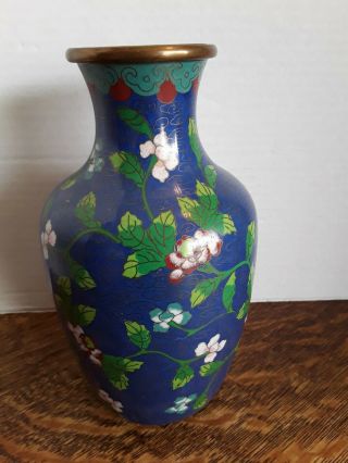 CHINESE VASE JAR URN CLOISONNE Flower Blossoms Dark Blue ENAMEL on Brass 8 - 1/2 