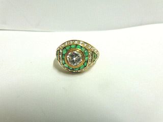Vintage Emerald And Diamond Ring 18kt Yellow Gold Sz 6 Wgt 3 Grams Tcw 1.  25