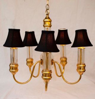 Vintage Mid Century Style Polished Brass Crystal Large Chandelier 5 Arm Light