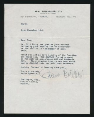 Beatles Ultra Rare & Historic 1962 Brian Epstein Signed Letter Beatles Shows