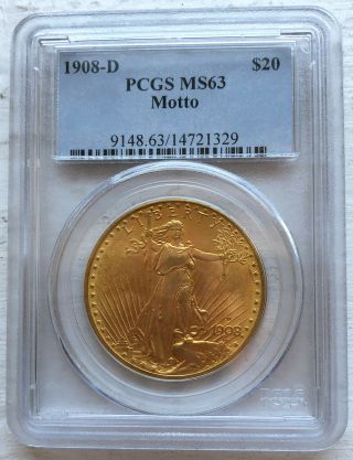 Rare 1908 D $20 Gold Saint - Gaudens Double Eagle Coin With Motto Ms63