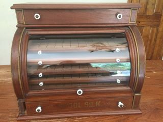 Vintage Antique Corticelli Glass Roll Top Spool Cabinet Silk Sewing Thread Wood