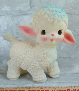 Vintage 1950s Sun Rubber Co Blue White Pink 6 " Lamb Baby Sheep Squeak Toy 1955